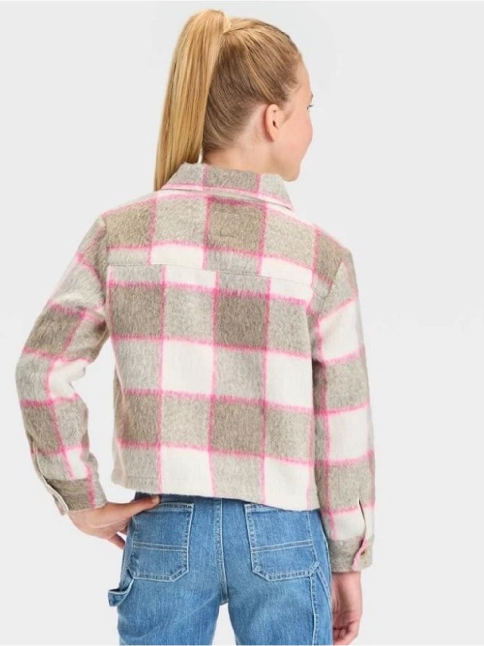 Cat & Jack Cropped Plaid Shacket in Brown and Pink